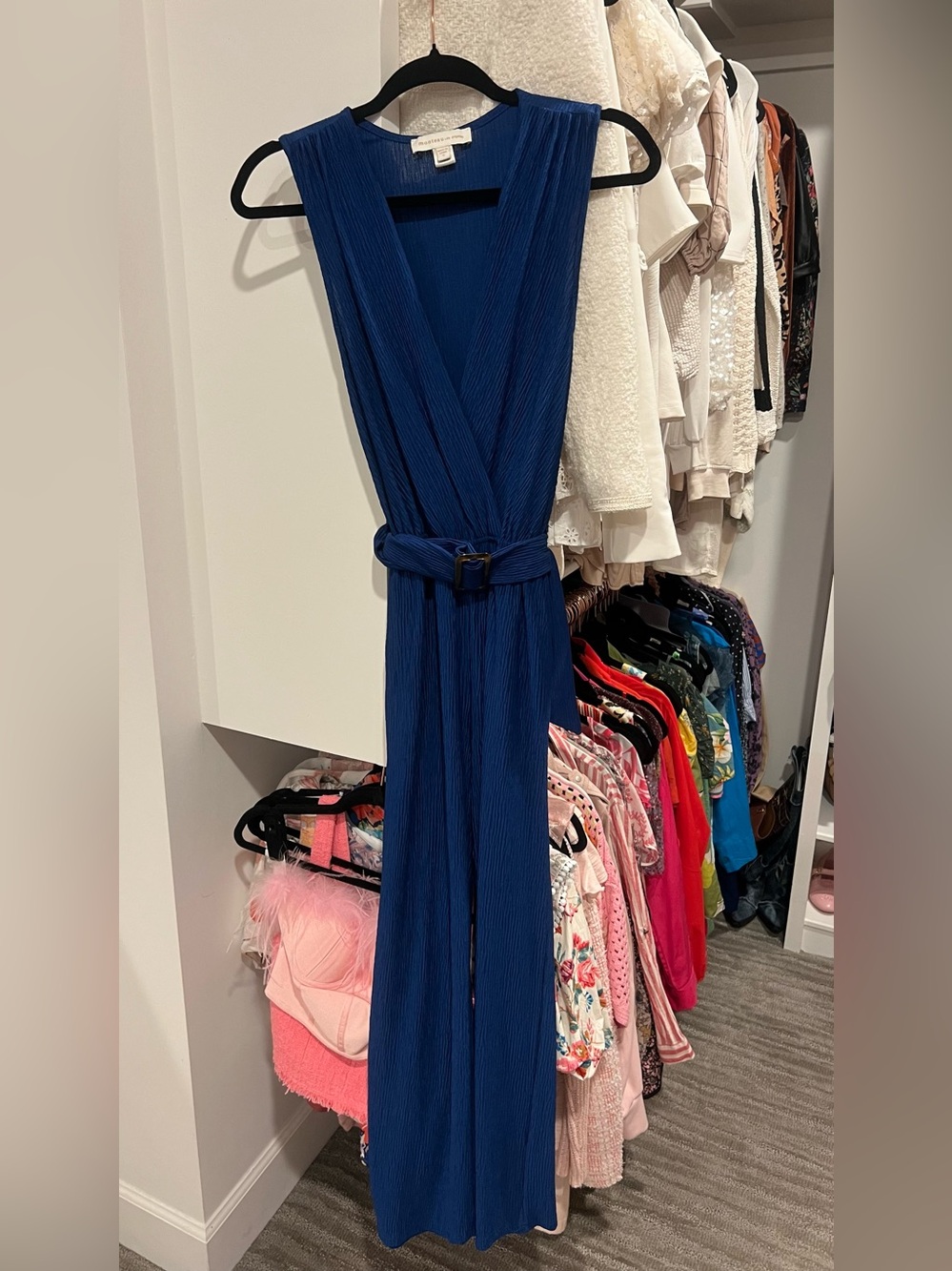Monteau LA Royal Blue One-Shoulder Pleated Jumpsuit with Belt